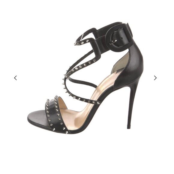 CHRISTIAN LOUBOUTIN Choca Spikes 100 Black Leather Sandals Size 7 IT 37 - Picture 2 of 11